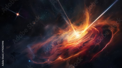 A stunning depiction of a distant quasar  with its supermassive black hole accreting matter and emitting powerful jets of energy into the cosmos.