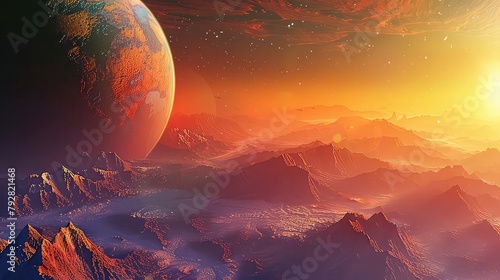 A stunning depiction of a distant exoplanet, with its colorful atmosphere and rugged terrain bathed in the light of its parent star.