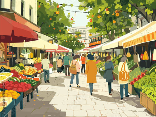 Vibrant Marketplace: An Animated Bustle of Fresh Delights Amidst Colorful Charm