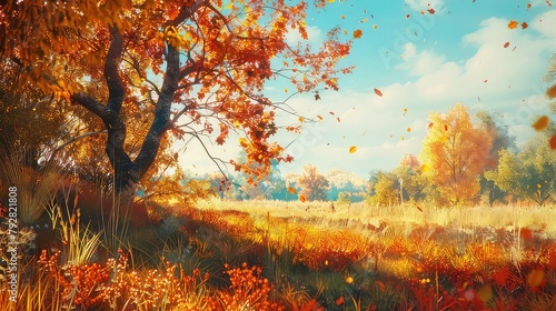 A sunlit meadow alive with the colors of autumn  where golden leaves dance on the breeze and the air is crisp with the promise of fall.