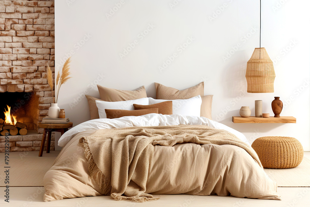Obraz premium Bed with beige bedding near fireplace. Loft interior design of modern bedroom.