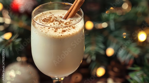 A tall glass of creamy eggnog, garnished with a sprinkle of nutmeg and a cinnamon stick, evoking memories of holiday cheer and festive gatherings.