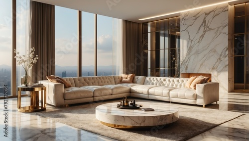 white marble theme penthouse living room luxury unit with sofa and morning sunlight rays from Generative AI