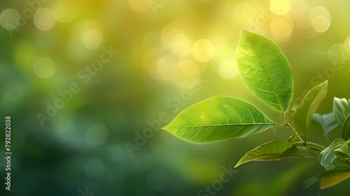 Green leaf for nature on blurred background with beautiful bokeh and copy space for text 
