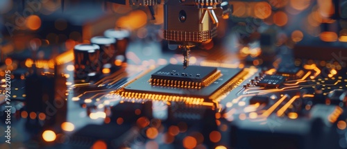 Close-up macro shot of automated factory machine assembling printed circuit boards (PCB), surface mounted technology (SMT) connecting microchips to motherboards photo