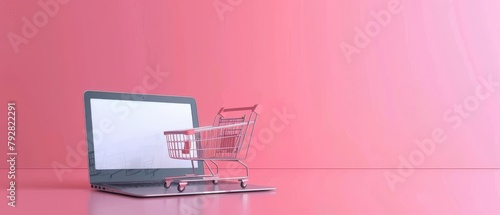 Shopping cart with laptop on pink background. 3D rendering.