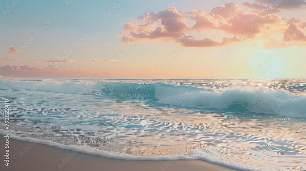 A tranquil beach bathed in the soft light of dawn, the gentle lapping of waves providing a soothing soundtrack to the scene.
