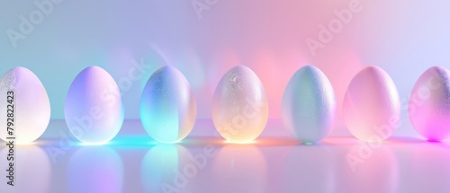 A 3D rendering of an eggshell with neon lights in pastel colors. A concept for Easter.