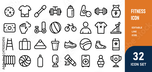 Fitness Line Editable Icons set. Vector illustration in modern thin line style of sport related icons types of physical activity, proper nutrition, and sports equipment