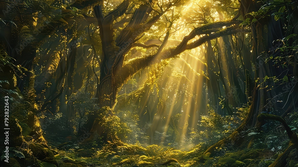 Golden sunlight streaming through a dense forest canopy, illuminating the moss-covered forest floor below.
