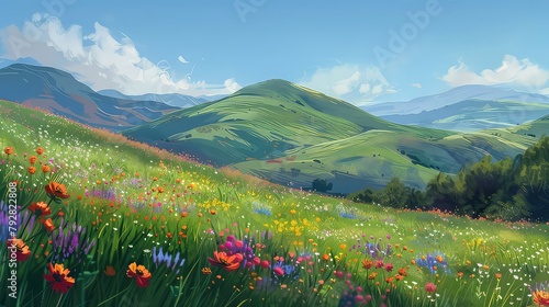 Rolling hills adorned with vibrant wildflowers, painting the landscape in a symphony of color under the clear blue sky.