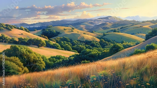 Rolling hills bathed in the soft light of evening, where shadows lengthen and colors deepen, creating a serene and captivating landscape. © Sardar