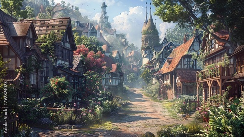 Small fairytale town. Fiction backdrop. Concept Art. Realistic Illustration. Video Game Digital CG Artwork. Industry scenario