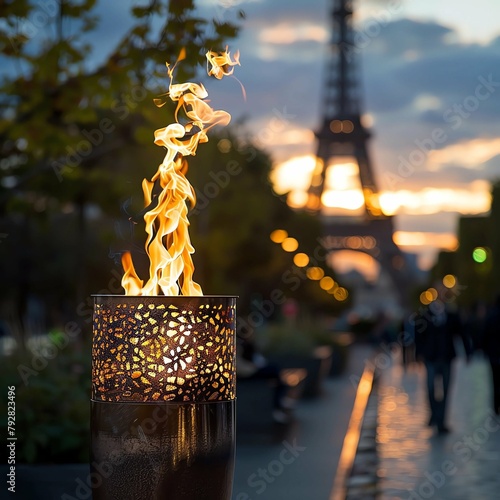 Olympic flame with the Eiffel Tower in the background. Olympic games.