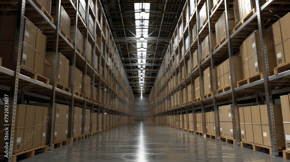 Aisle between towering steel pallet racks, crammed with hefty crates, cast in the harsh, clean light of bright white lamps, perfect for themes of logistics and heavy-duty storage