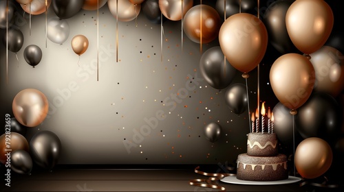 Bright and lively birthday backdrop featuring a myriad of colorful balloons and a beautifully decorated cake with glowing candles, with space for text