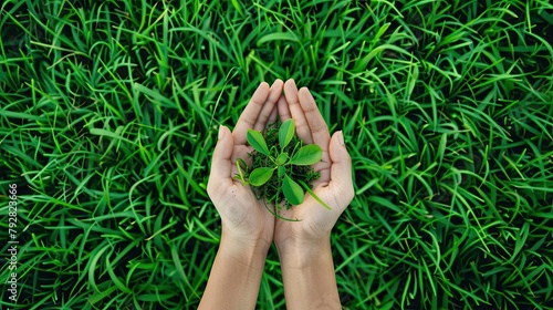 Generate a visual representation for Earth Day, featuring a female hand holding seedlings amidst a field of green grass