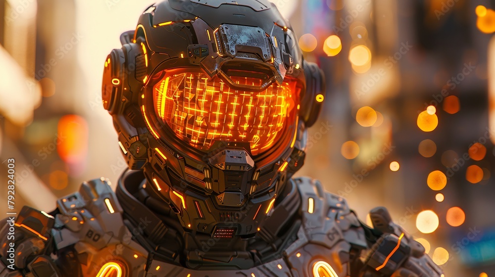 Giant Pixel Robot, Neon Armor, Pixelated features, Crowds control