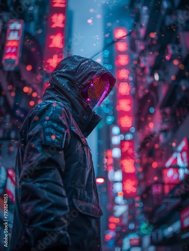 A cyberpunk wearing a mask stands in a dark alleyway.