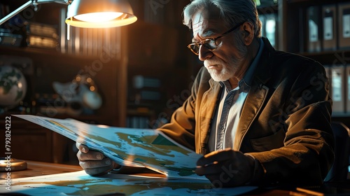 Dramatic image of an environmental scientist and corporate leader examining a world map with climate data, in a dimly lit room highlighted by ambient lighting