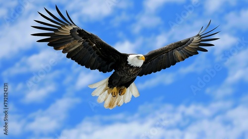 An HD majestic Bald Eagle soaring gracefully against a vibrant blue sky, its wings outstretched in freedom