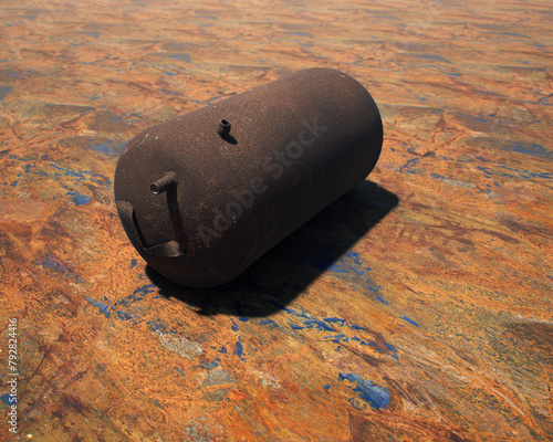Old rusty propane tank on weathered metal sheet. © ysbrandcosijn