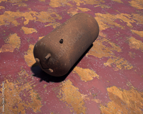 Old rusty propane tank on weathered red metal sheet. © ysbrandcosijn