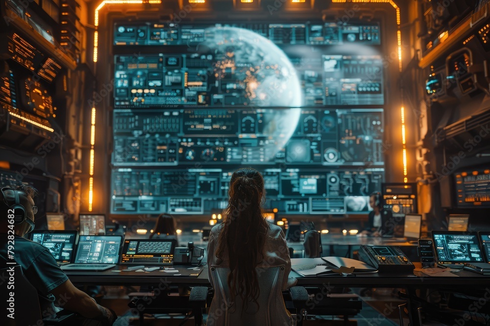 A boardroom meeting held via holographic technology, discussing the logistics of a lunar mining operation A boardroom meeting held via holographic technology, discussing the logistics of a lunar mining operation