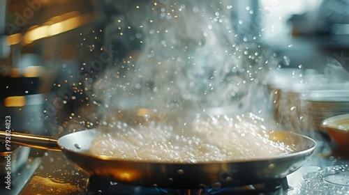 Blurred out droplets of oil and steam rising from a sizzling pan in a chefs kitchen highlighting the intense focus and artistry that goes into creating a truly gourmet meal. .