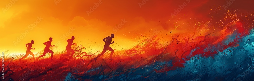 people running in a competition against the orange sunset
