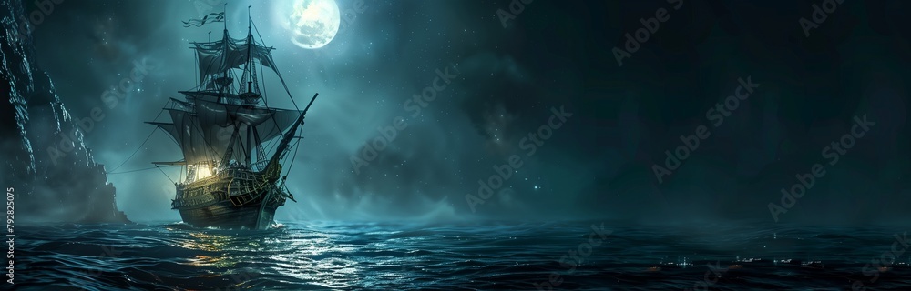 Fototapeta premium big pirate ship in dark night under a moonlight