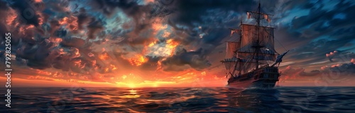 pirate ship sailing the ocean against orange sunset and cloudscape © Ivana