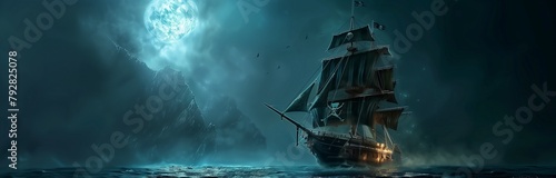 big pirate ship in dark night under a moonlight