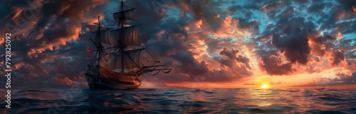pirate ship sailing the ocean against orange sunset and cloudscape
