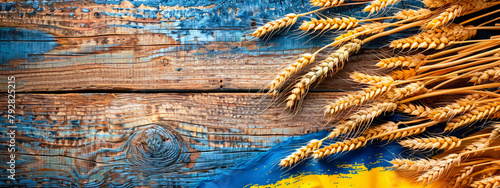 spikelets of wheat and Ukrainian flag. Selective focus.