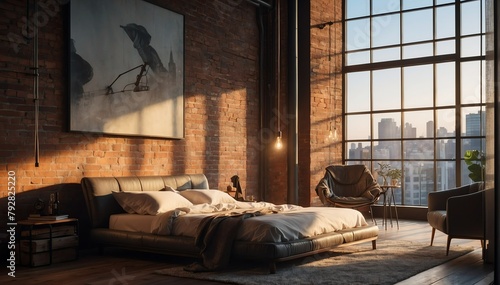 industrial style penthouse bedroom luxury unit and mor theme penthouse bedroom luxury unit and morning sunlight rays from Generative AI photo