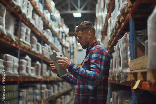 the role of barcode scanning technology in warehouse management, with a warehouse manager or worker scanning goods on storage racks against a white background, showcasing the syste photo