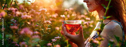 herbal tea in the hands of a woman in the garden. Selective focus. © yanadjan