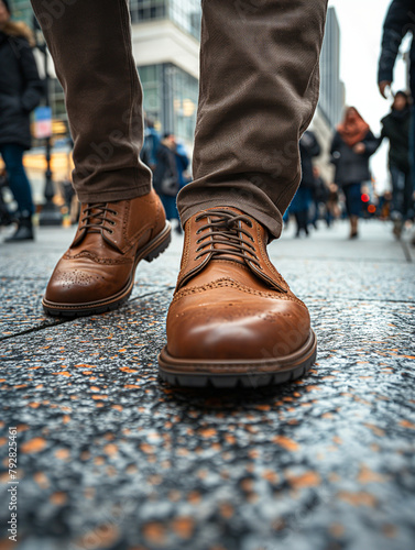 Männliche Beine mit edlen Schuhen beim Laufen in der Stadt als Nahaufnahme