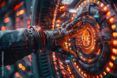 A cybernetic hand unlocking a secure digital vault, illustrating the fusion of biotech and cybersecurity