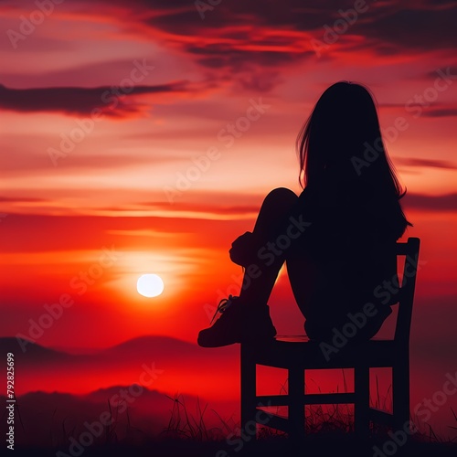 silhouette illustration of a sad girl sitting on a chair facing the beach, towards the sunset ai generative