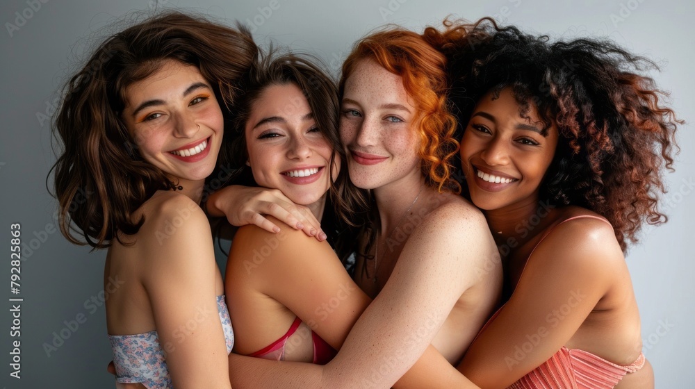 Four women with different hair colors and styles are hugging each other Four women with different hair colors and styles are hugging each other