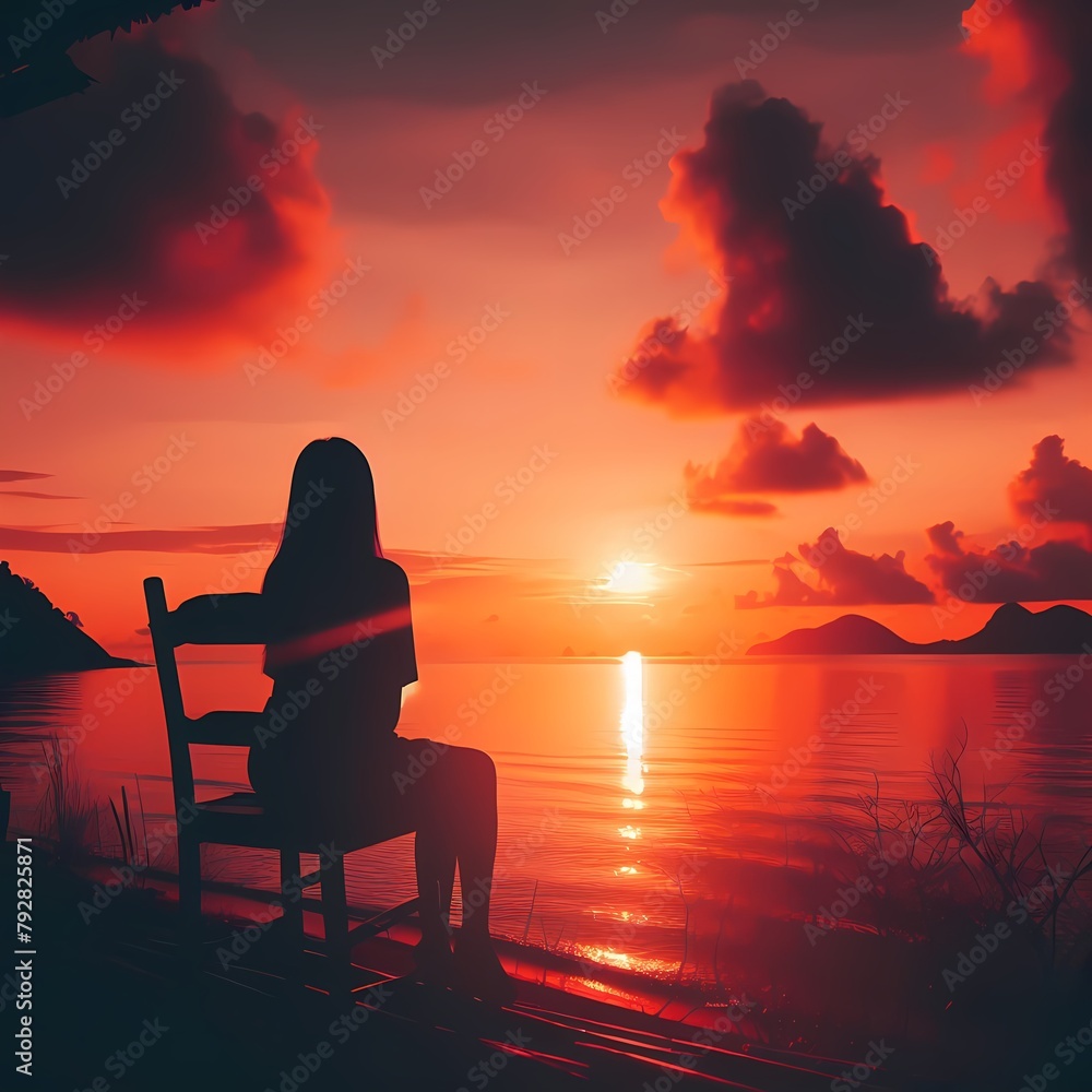 Fototapeta premium silhouette illustration of a sad girl sitting on a chair facing the beach, towards the sunset ai generative