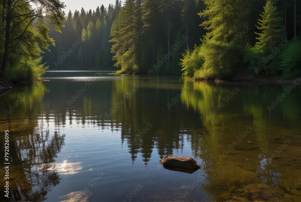 Summer in the forest, lake, bright sun Summer in the forest, lake, bright sun