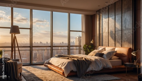 modern penthouse bedroom luxury unit and morning sunli theme penthouse bedroom luxury unit and morning sunlight rays from Generative AI
