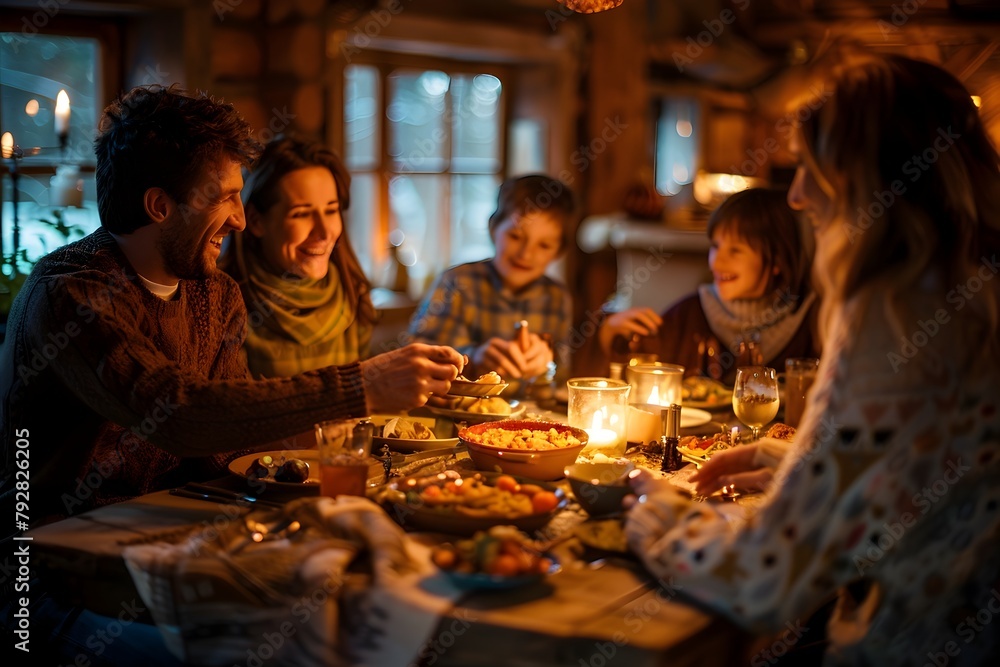 Cozy Family Gathering Over a Traditional Homemade Meal in a Rustic and Intimate Dining Setting with Warm Glowing Lights and Seasonal Decor Evoking a