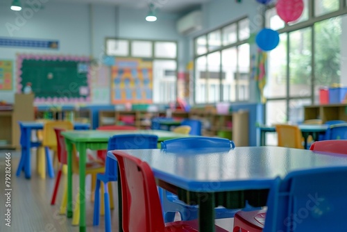 School classroom in blur background without young student. photo