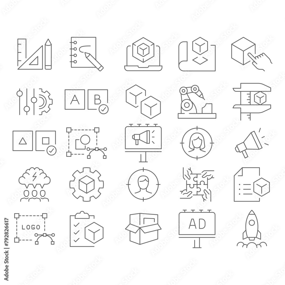 New product development icon set. Simple outline style. Product design, industry, team, accuracy, focus, billboard, business concept. Thin line symbol. Vector illustration isolated. Editable stroke. New product development icon set. Simple outline style. Product design, industry, team, accuracy, focus, billboard, business concept. Thin line symbol. Vector illustration isolated. Editable stroke.