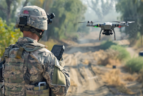 Soldier operating a drone in the field.