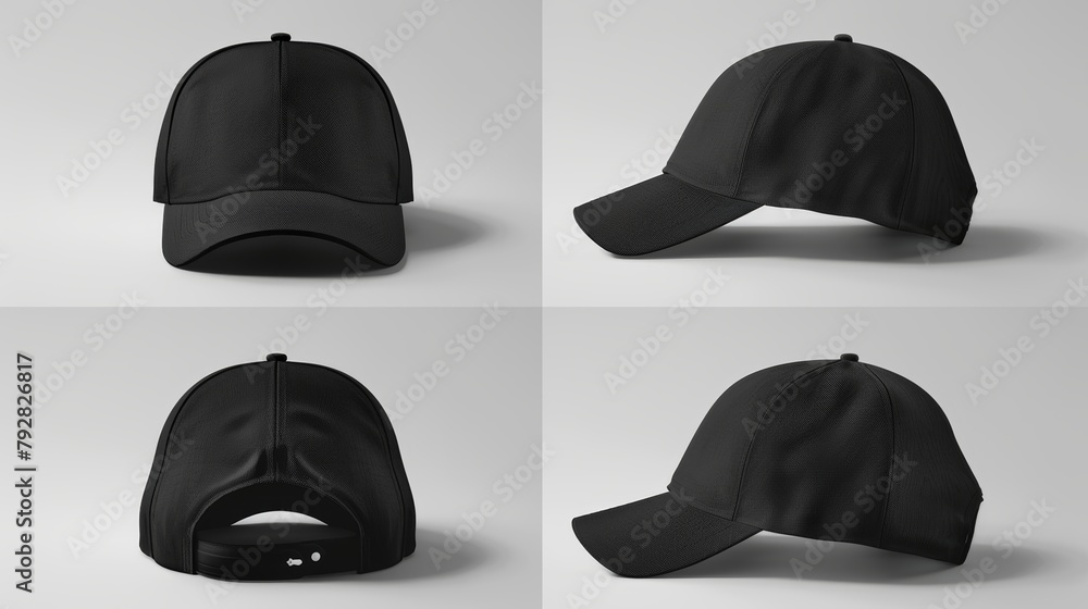 The black baseball cap is shown from four different angles in this ...